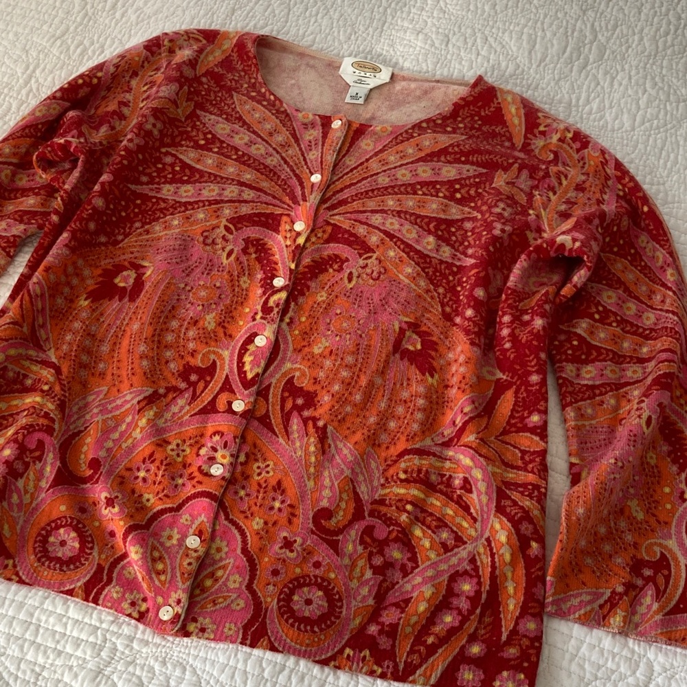 Talbots Cashmere Red Orange Pink Paisley Button-Front Cardigan Sweater, X